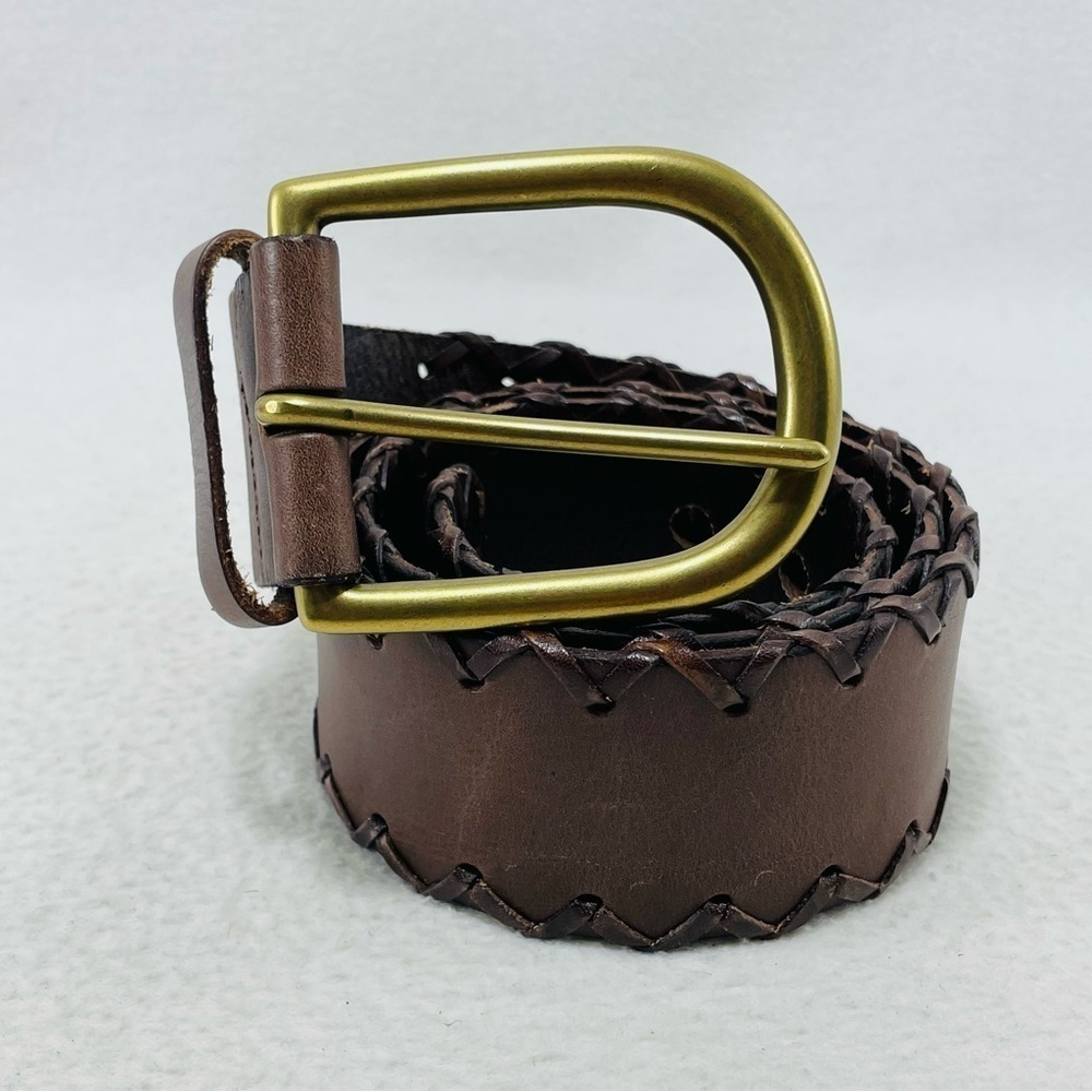 Gap Women Leather Belt Buckle Size M Brown Brass Metal Stitches Wide Big Casual